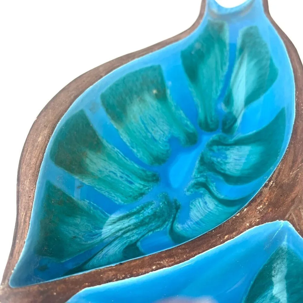 California Pottery Nut Candy Dish MCM Vintage Mod Art Deco Blue and Green USA 60